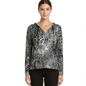 SKINNYGIRL Reptile Print Drawstring Hooded Top, Women’s L, Black Gray White, New